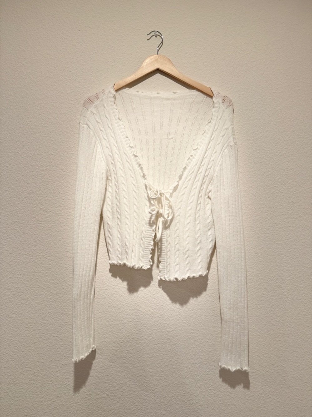 SHEIN Cream Cable Knit Tie-Front Cropped Cardigan